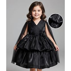 Babyhug Woven Full Cape Sleeves Tiered Party Dress With Floral Corsage & Pin Tuck Detailing - Black