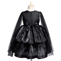 Babyhug Woven Full Cape Sleeves Tiered Party Dress With Floral Corsage & Pin Tuck Detailing - Black