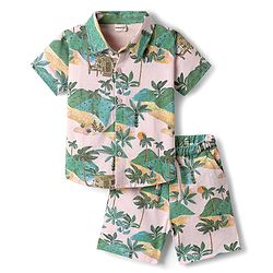 Babyhug Single Jersey Knit Half Sleeves Co-ords Shirt & Shorts Set With Tropical Theme Print - Multicolour