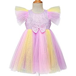 Babyhug Woven Frill Sleeves Party Dress With Sequinned Yoke & Bow Applique - Lavender