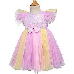 Babyhug Woven Frill Sleeves Party Dress With Sequinned Yoke & Bow Applique - Lavender