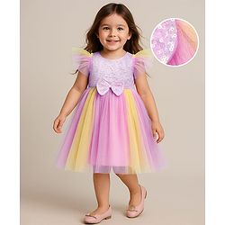 Babyhug Woven Frill Sleeves Party Dress With Sequinned Yoke & Bow Applique - Lavender