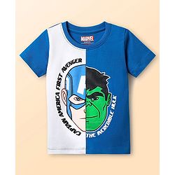 Babyhug Marvel Single Jersey Knit Half Sleeves Cut & Sew T-Shirt with Avengers Graphics - Blue & White