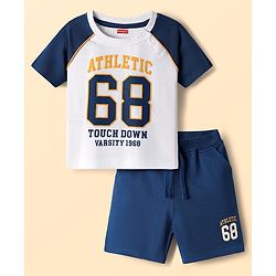 Babyhug Single Jersey Knit Half Raglan Sleeves T-Shirt & Short Set With Text Print - Navy Blue & White