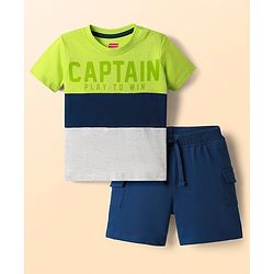 Babyhug Single Jersey Knit Half Sleeves Cut & Sew T-Shirt & Shorts Set with Text Print - Navy Blue