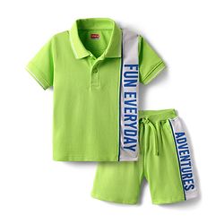 Babyhug Single Jersey Knit Half Sleeves Polo T-Shirt and Shorts Set With Everyday Fun Adventure Text Print - Neon Green