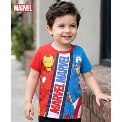 Babyhug Marvel Single Jersey Knit Half Sleeves Cut & Sew T-Shirt with Avengers Graphics - Red & Blue