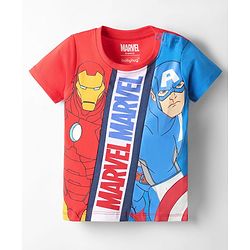 Babyhug Marvel Single Jersey Knit Half Sleeves Cut & Sew T-Shirt with Avengers Graphics - Red & Blue