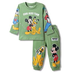 Babyhug Disney Single Jersey Knit Full Sleeve T-Shirt And Joggers With Mickey & Friends Graphics - Olive Green