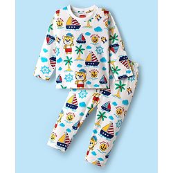 Babyhug Cotton Knit Full Sleeves Co-ord Night Suit With Boat Print - White