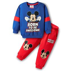 Babyhug Disney Terry Knit Full Sleeves Drop Shoulder Cut T-Shirt & Lounge Pant Set With Mickey Mouse Graphics - Royal Blue & Red