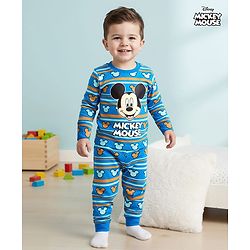 Babyhug Disney Single Jersey Knit Full Sleeves Night Suit With Mickey Mouse Graphics - Blue