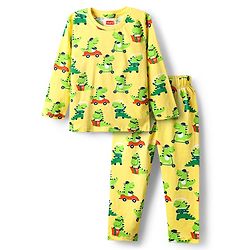 Babyhug Cotton Knit Full Sleeves Co-Ords Night Suit With Dino Print - Yellow