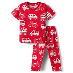 Babyhug Cotton Knit Half Sleeves Co-ord Night Suit with Vehicle Print - Red