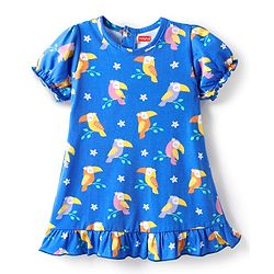 Babyhug Cotton Knit Half Sleeves Nighty With Bird Print & Frill Detailing - Blue