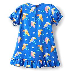 Babyhug Cotton Knit Half Sleeves Nighty With Bird Print & Frill Detailing - Blue