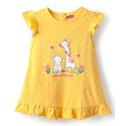 Babyhug Cotton Knit Frill Sleeves Nighty With Animal & Polka Dot Print - Yellow