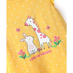 Babyhug Cotton Knit Frill Sleeves Nighty With Animal & Polka Dot Print - Yellow