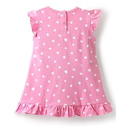 Babyhug Cotton Knit Frill Sleeves Nighty With Butterfly Patch & Polka Dot Print - Pink