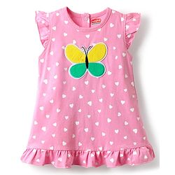 Babyhug Cotton Knit Frill Sleeves Nighty With Butterfly Patch & Polka Dot Print - Pink