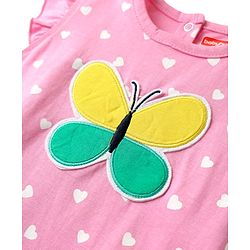 Babyhug Cotton Knit Frill Sleeves Nighty With Butterfly Patch & Polka Dot Print - Pink