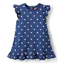 Babyhug Cotton Knit Frill Sleeves Nighty With Heart Print - Navy Blue