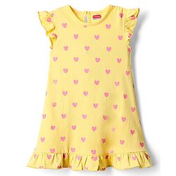 Babyhug Cotton Knit Frill Sleeves Nighty With Heart Print - Yellow