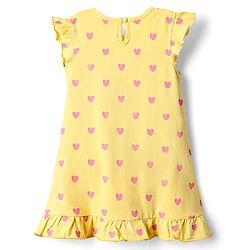 Babyhug Cotton Knit Frill Sleeves Nighty With Heart Print - Yellow