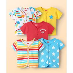 Babyhug 100% Cotton Interlock Knit Half Sleeves Front Open jhabla with Stripe Design & Star Print Pack of 5 - Multicolor