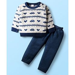 Babyhug Knitted Full Sleeves Sweater Set with Car & Heart Design - White & Navy Blue