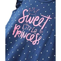 Babyhug Cotton Knit Frill Sleeves Nighty With Text & Polka Dot Print - Navy Blue
