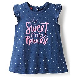 Babyhug Cotton Knit Frill Sleeves Nighty With Text & Polka Dot Print - Navy Blue