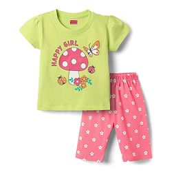 Babyhug Cotton Knit Half Sleeves Capri Night Suit With Floral Print - Green & Pink