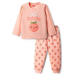 Babyhug Cotton Knit Full Sleeves Night Suit With Peach Print - Peach