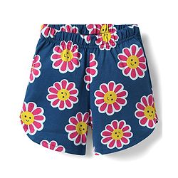 Babyhug Cotton Knit Half Sleeves Shorts Co-Ord Night Suit With Floral Print - Navy Blue