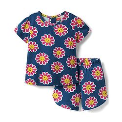 Babyhug Cotton Knit Half Sleeves Shorts Co-Ord Night Suit With Floral Print - Navy Blue