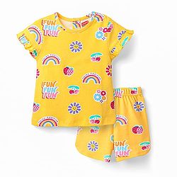 Babyhug Cotton Knit Half Sleeves Co-ords Short Night Suit With Floral Print - Yellow