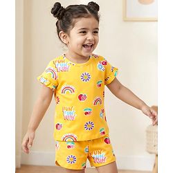 Babyhug 100% Cotton Knit Half Sleeves Co-ords Short Night Suit With Floral Print - Yellow