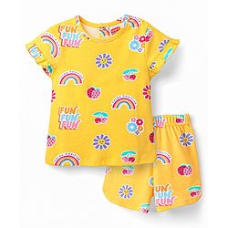Babyhug 100% Cotton Knit Half Sleeves Co-ords Short Night Suit With Floral Print - Yellow