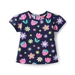 Babyhug Cotton Knit Half Sleeves Shorts Co-Ord Night Suit With Floral & Fruit Print - Navy Blue