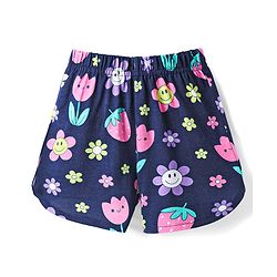 Babyhug Cotton Knit Half Sleeves Shorts Co-Ord Night Suit With Floral & Fruit Print - Navy Blue