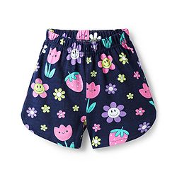 Babyhug Cotton Knit Half Sleeves Shorts Co-Ord Night Suit With Floral & Fruit Print - Navy Blue