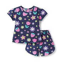 Babyhug Cotton Knit Half Sleeves Shorts Co-Ord Night Suit With Floral & Fruit Print - Navy Blue
