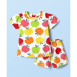 Babyhug Cotton Knit Half Sleeves Co-ords Shorts Night Suit With Tropical Theme Print - White