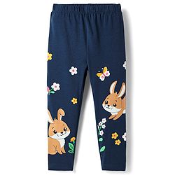 Babyhug Cotton Lycra Knit Full Length Leggings with Bunny Print - Navy Blue