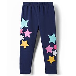 Babyhug Cotton Lycra Knit Full Length Leggings with Star Print - Navy Blue