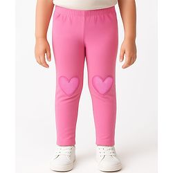 Babyhug Cotton Lycra Knit Full Length Leggings with Heart Embroidery - Pink