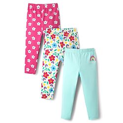 Babyhug Cotton Lycra Knit Full Length Floral & Rainbow Printed Leggings Pack of 3 - Multicolor