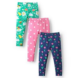 Babyhug Cotton Lycra Leggings With Polka Dots & Tropical Theme Print Pack Of 3 - Navy Blue Green & Pink