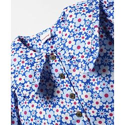 Babyhug Woven Half Puffed Sleeves Peter Pan Collared Crop Top with Floral Print - Blue